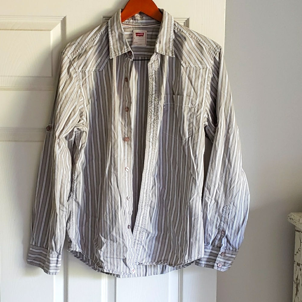 Levis Top L Button Up Tan/Beige White Blue Excellent Condition